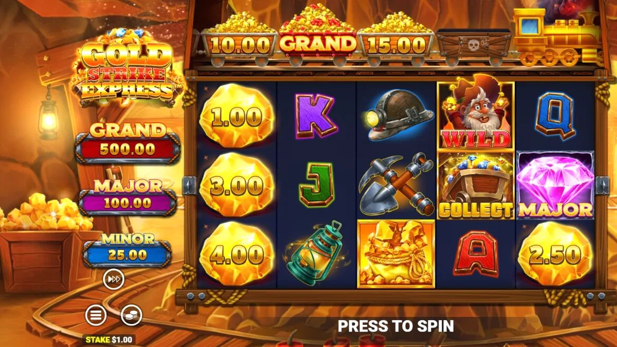 Tampilan visual slot Gold Strike Express dengan tema tambang emas dan jalur kereta api.