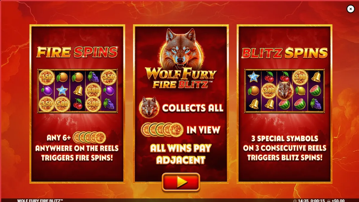 Tampilan visual slot Wolf Fury Fire Blitz dengan simbol buah dan serigala