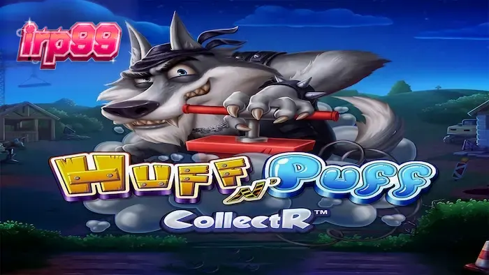 Tampilan visual slot Huff N' Puff CollectR dengan karakter babi dan serigala.